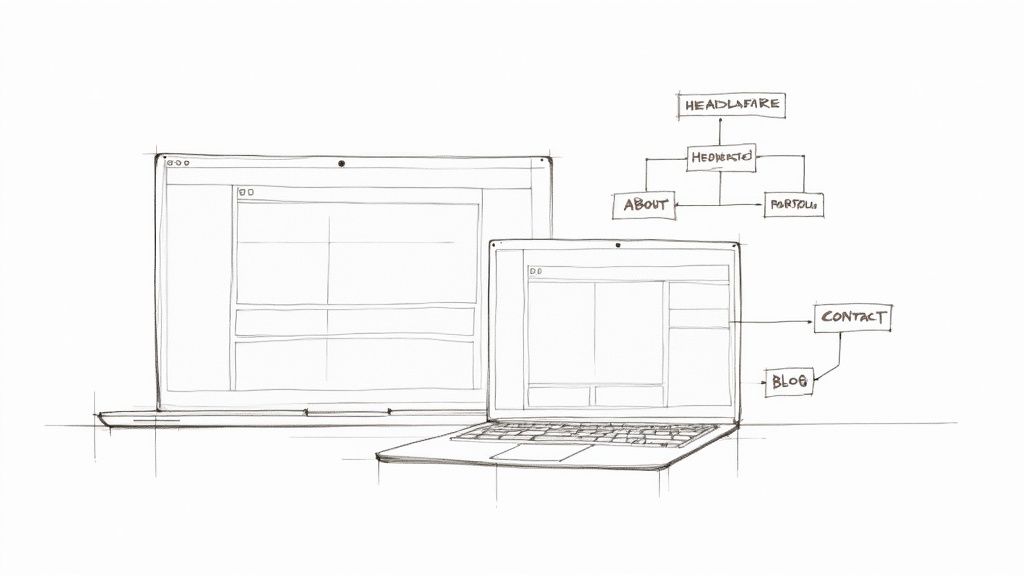 A hand-drawn sketch showing two laptops displaying website wireframes and a sitemap flow for navigation.