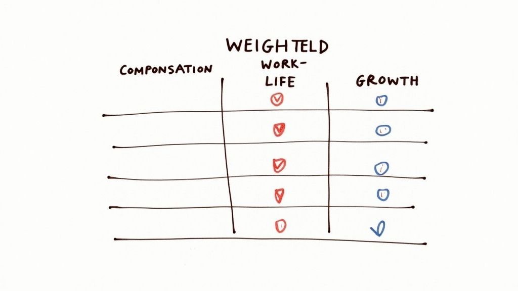 Handwritten chart evaluating job offer factors: compensation, work-life balance, and growth, with priority markings.