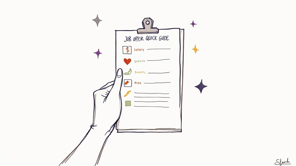 A hand holding a clipboard with a ‘Job Offer Quick Guide’ checklist, detailing salary, growth, and benefits.