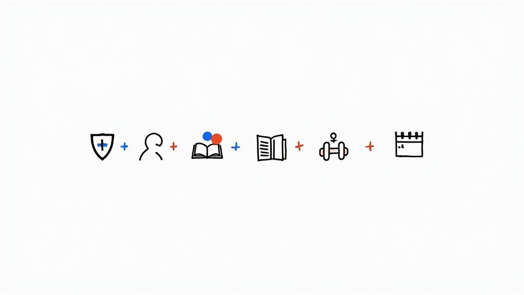 Hand-drawn icons illustrating health, personal growth, education, fitness, and time management on a white background.