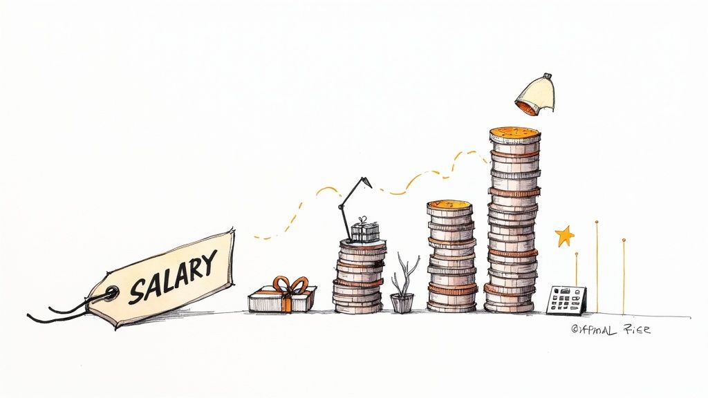 An illustration of a price tag labeled ‘SALARY’ followed by rising stacks of coins and items, depicting career progression and increasing income.