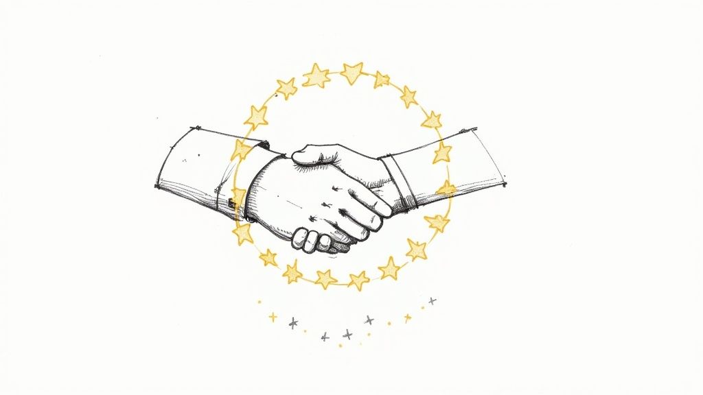 Illustrative drawing of two hands shaking, symbolizing agreement and partnership, encircled by golden stars.