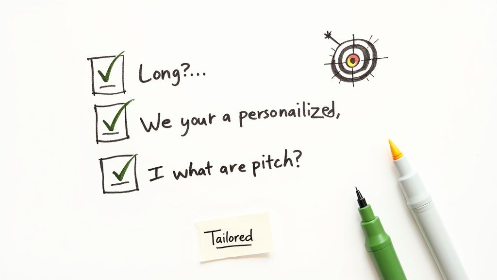 A checklist with green checkmarks, a target drawing, and a ‘Tailored’ note.