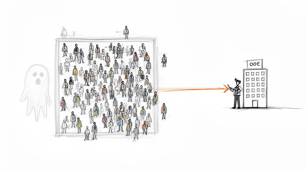 Sketch of a crowd of people funneled by an orange arrow towards a business building with 00€.