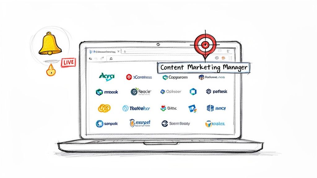 A sketch of a laptop displaying various marketing tools and a ‘Content Marketing Manager’ label.