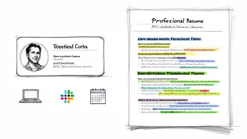 A sketch of a professional resume and profile card with a man’s portrait and icons.