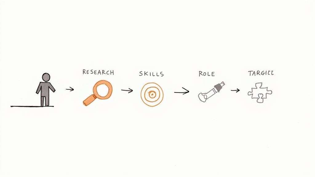A diagram illustrating a person’s journey through research, skills, role, and target achievement.