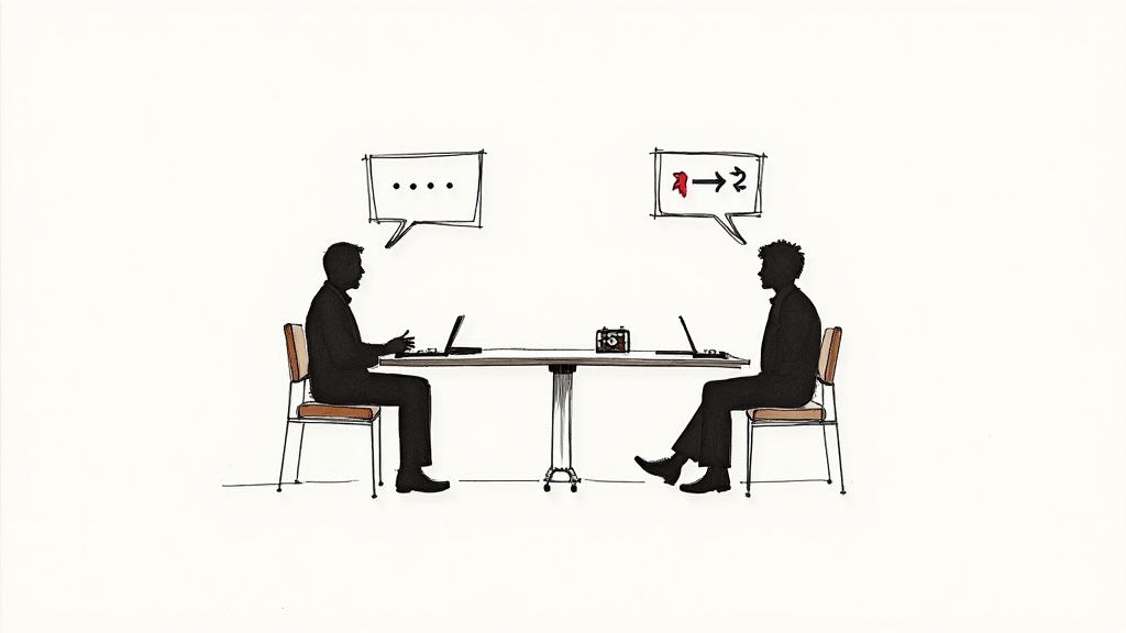 Silhouettes of two people communicating at a table with laptops, speech bubbles above their heads.