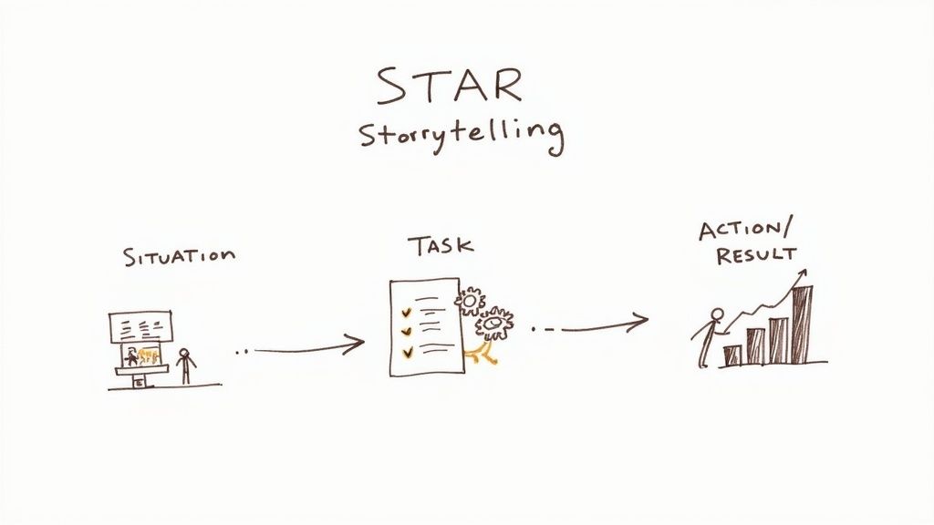 An illustration explaining the STAR Storytelling method with situation, task, and action/result stages.