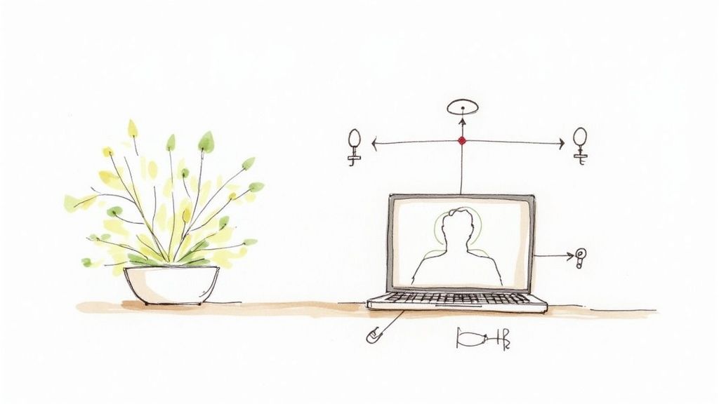 Watercolor sketch of a desk with a plant and a laptop, symbolizing virtual connections.