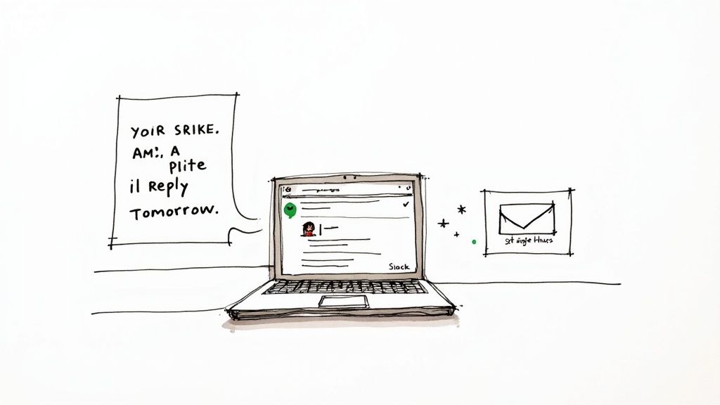 Laptop displaying Slack messages with notes about delayed work responses and email timing