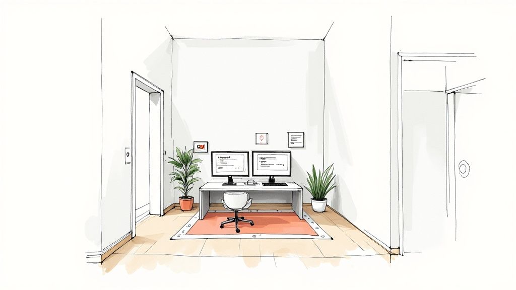 Modern minimalist home office workspace with dual monitors, desk, chair, and plants for productivity