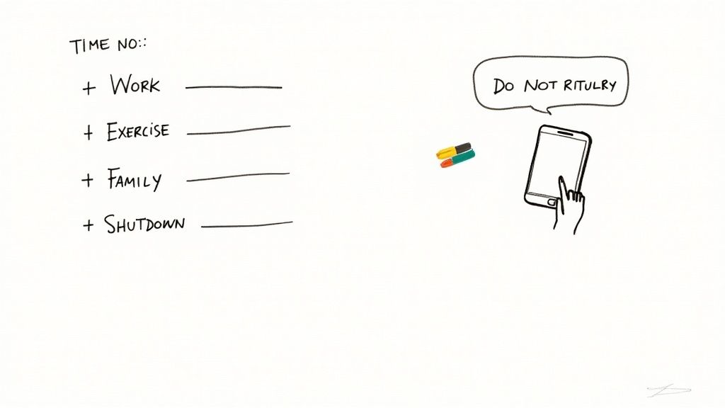 Hand-drawn illustration showing time allocation checklist with work exercise family shutdown and phone saying do not ritualize