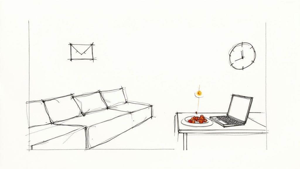 Sketch of home living room with sofa and work table showing laptop and dinner plate together