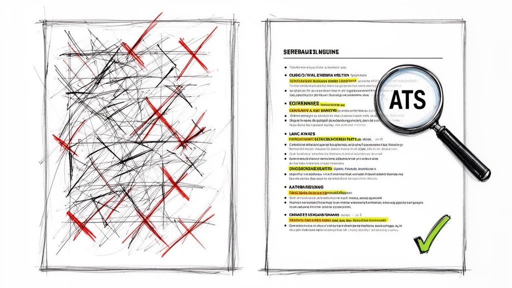 Illustration comparing a messy job application with rejections to a clean, ATS-optimized resume passing review.