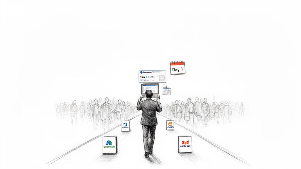 A person walks on a path towards a laptop and various company logos, representing a new job journey.