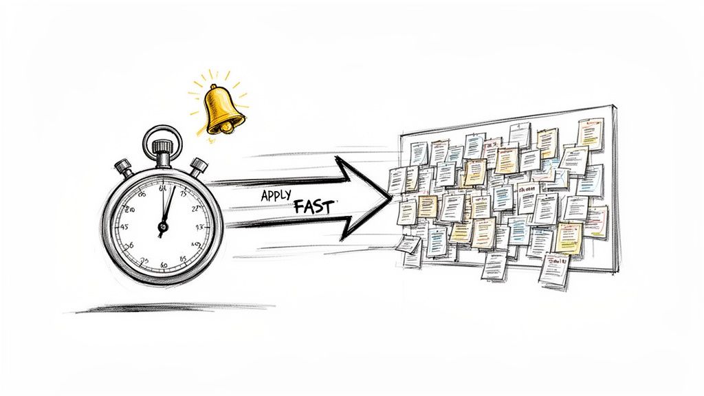 A stopwatch and ringing bell with ‘APPLY FAST’ arrow leading to a board full of applications.