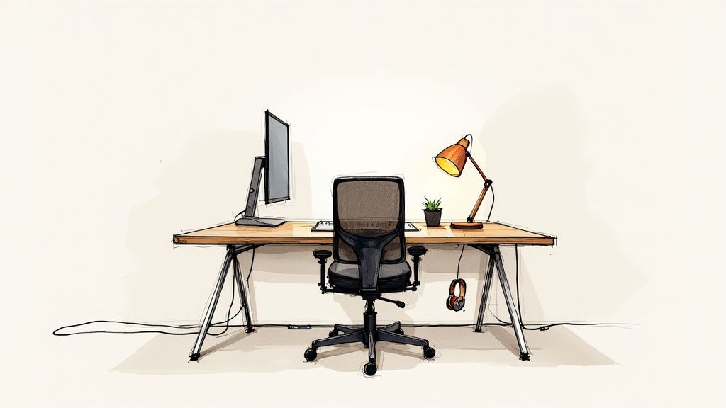 A minimalist sketch of a clean home office setup with a desk, monitor, ergonomic chair, and lamp.