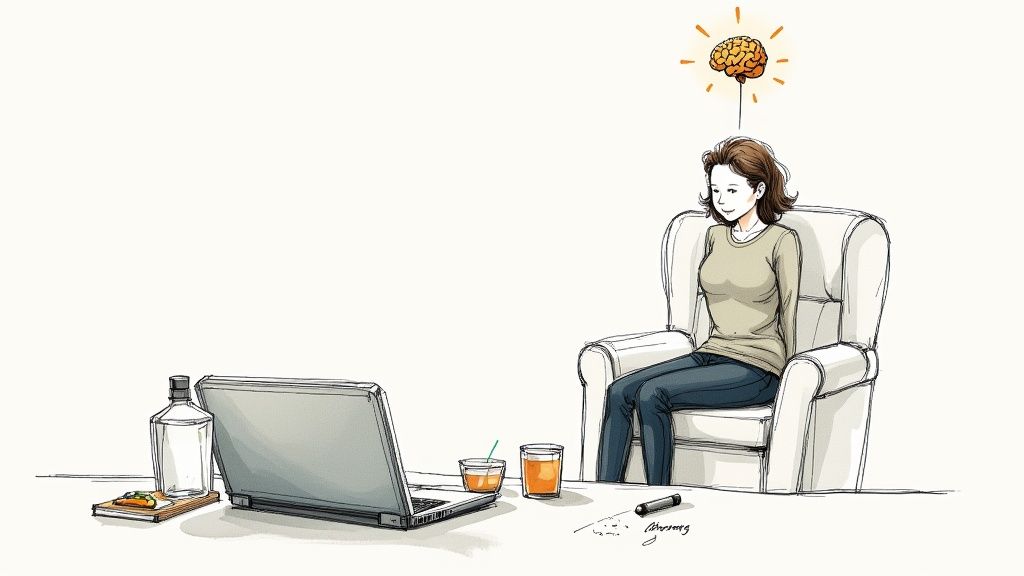 A woman sits in an armchair with a laptop and drinks, a glowing brain above her head symbolizes a new idea.