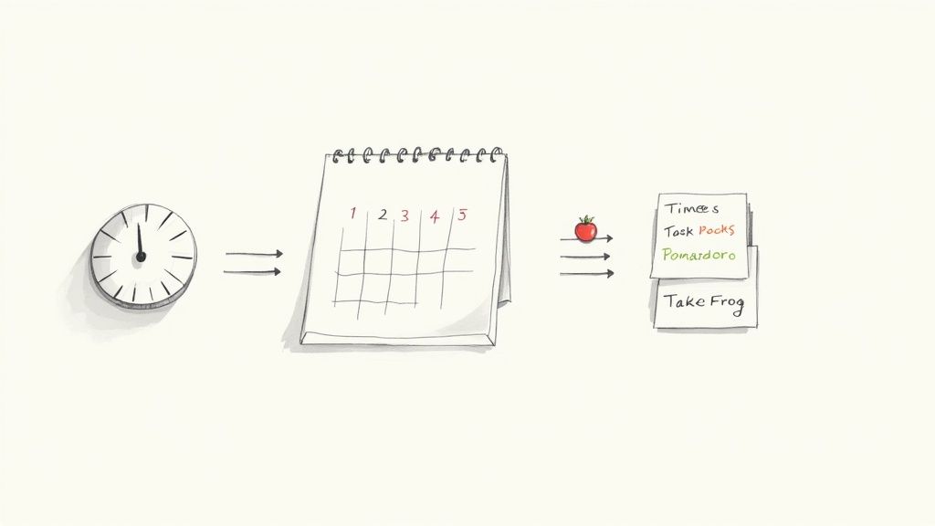 A visual representation of time management and productivity techniques, including a clock, calendar, tomato, and task notes.
