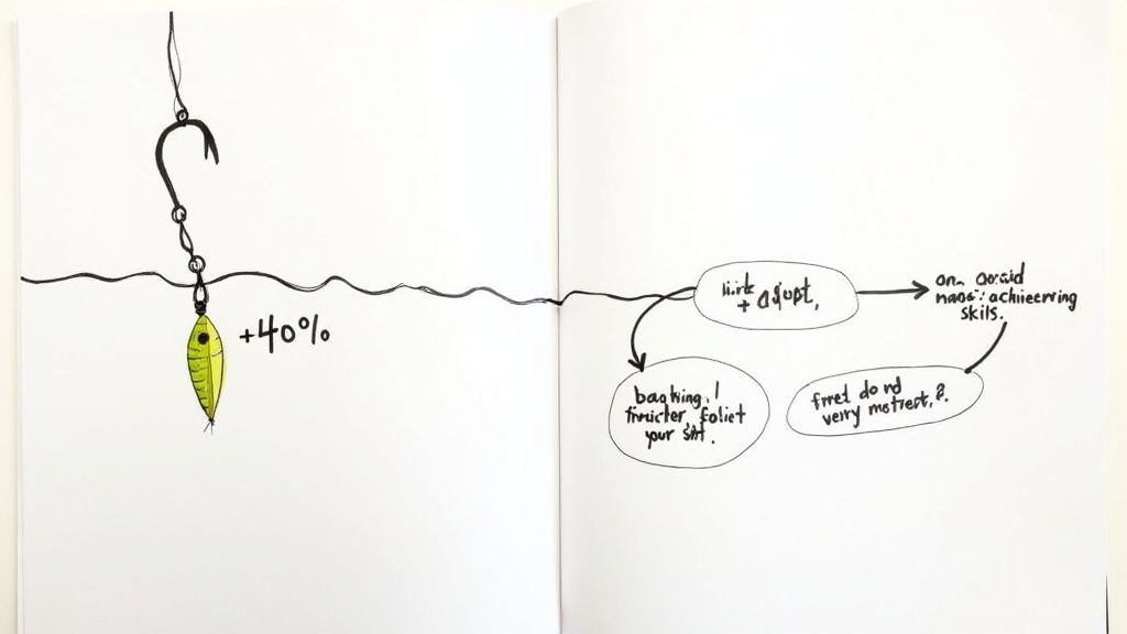 A hand-drawn diagram showing a fishing hook with a lure and a flowchart on learning and skills.