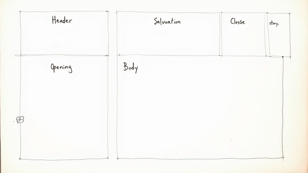 Hand-drawn wireframe showing a document layout with labeled sections for Header, Opening, Salvation, Crosse, Story, and Body.