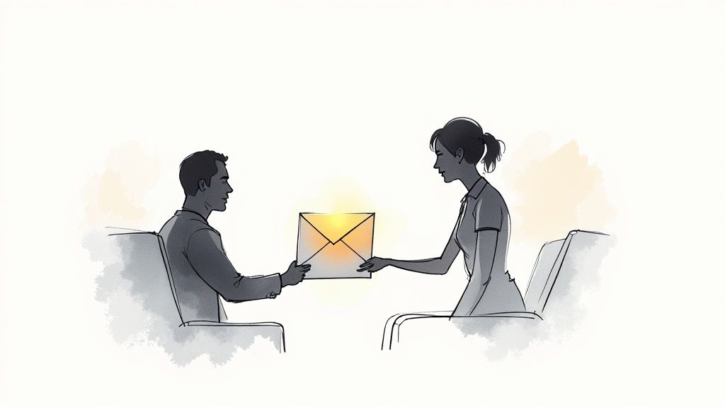 Two people exchanging a glowing envelope, symbolizing communication or an important message.