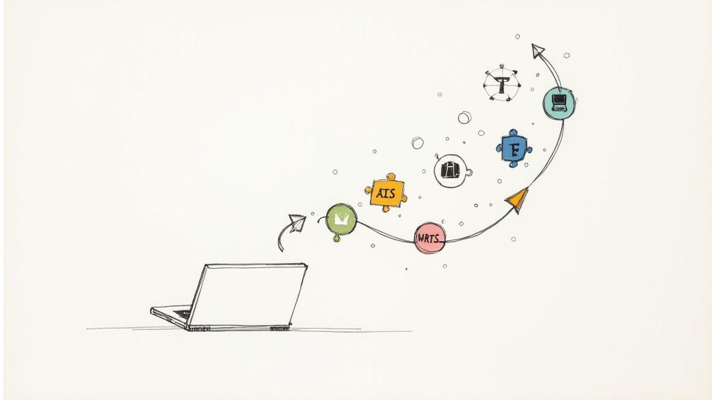 Diagram illustrating a digital workflow with a laptop, arrows, and interconnected icons for various steps.
