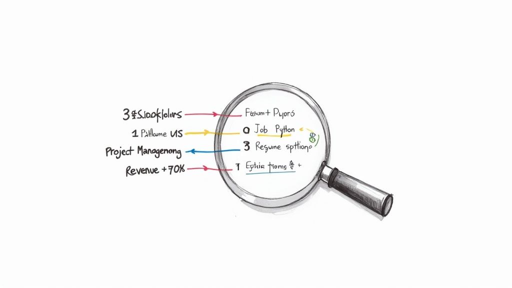 A hand-drawn magnifying glass highlights job Python, resume options, and project management metrics.