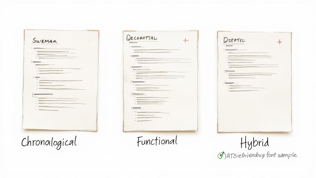 Three hand-drawn resume formats: Chronological, Functional, and Hybrid, illustrating different structures.