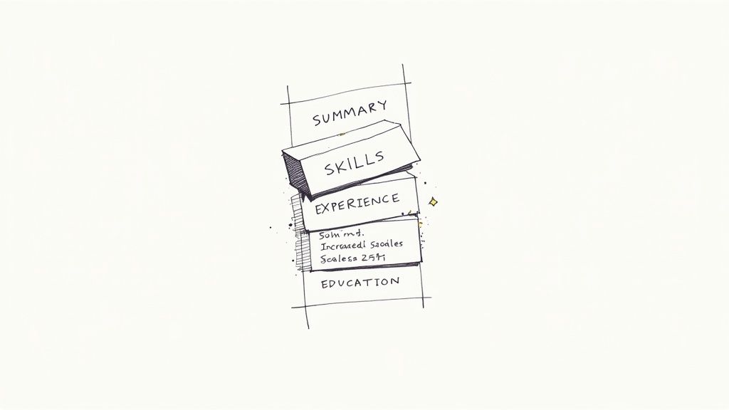 A hand-drawn sketch illustrating the stacked sections of a professional resume: Summary, Skills, Experience, Education.