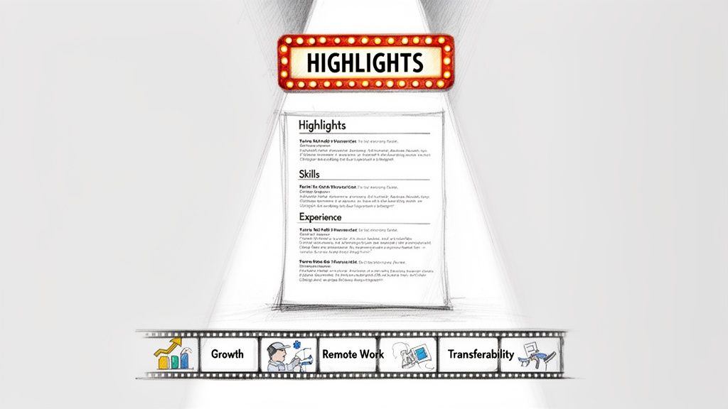 A resume-like document titled ‘Highlights’ projected onto a screen with film strip icons for growth, remote work, and transferability.