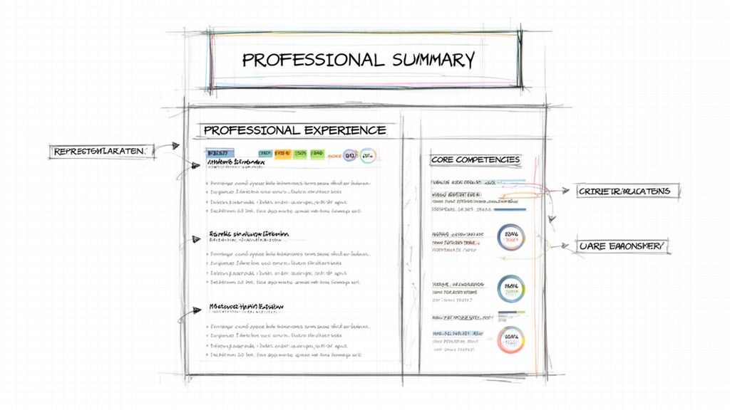 Hand-drawn sketch of a resume layout, detailing sections like professional summary and experience.