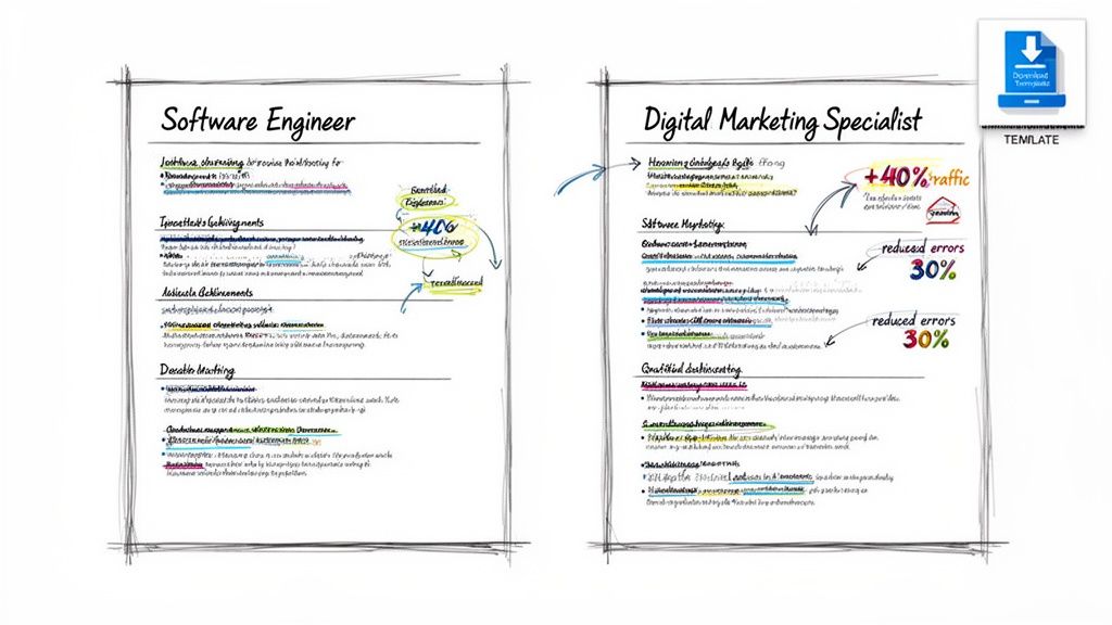 Resume templates in a handwritten style, showcasing examples for Software Engineer and Digital Marketing.