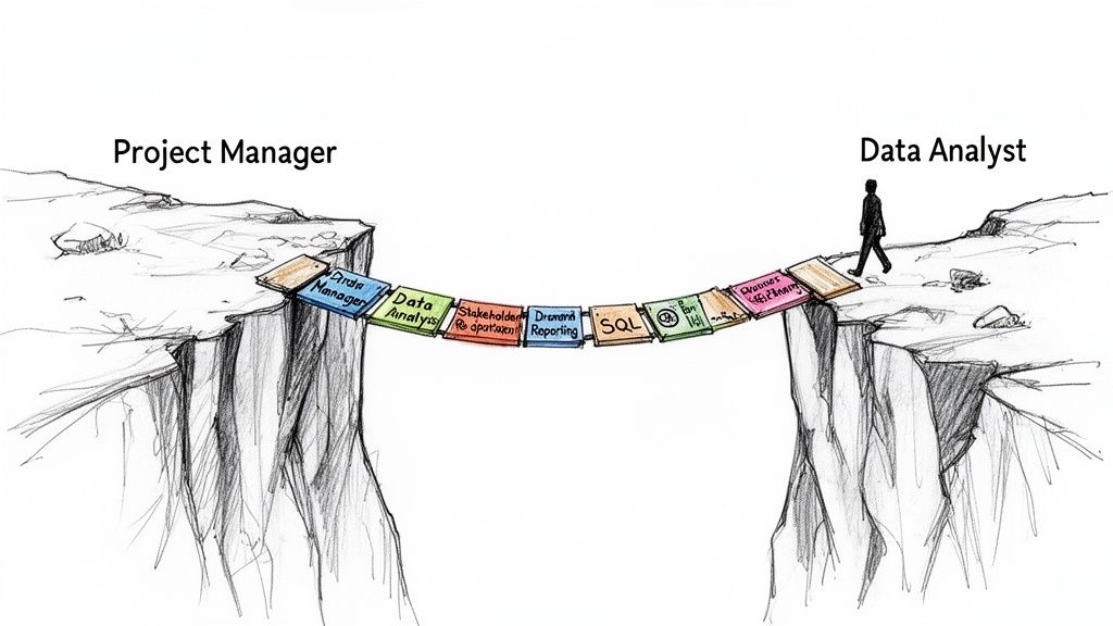 An illustration of a bridge made of data skills connecting a Project Manager and a Data Analyst.