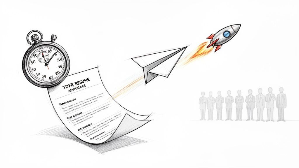 Dynamic illustration of a resume, stopwatch, paper airplane, and rocket gaining advantage over competitors.