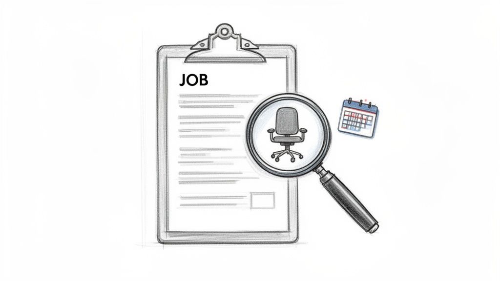 Sketch of a job application on a clipboard, magnifying glass highlighting an office chair, with a calendar. Represents job searching.