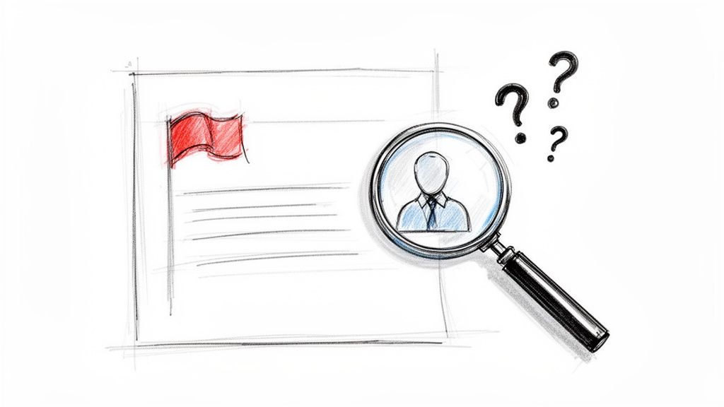 Sketch of a document with a red flag, magnifying glass over a person icon, and question marks.