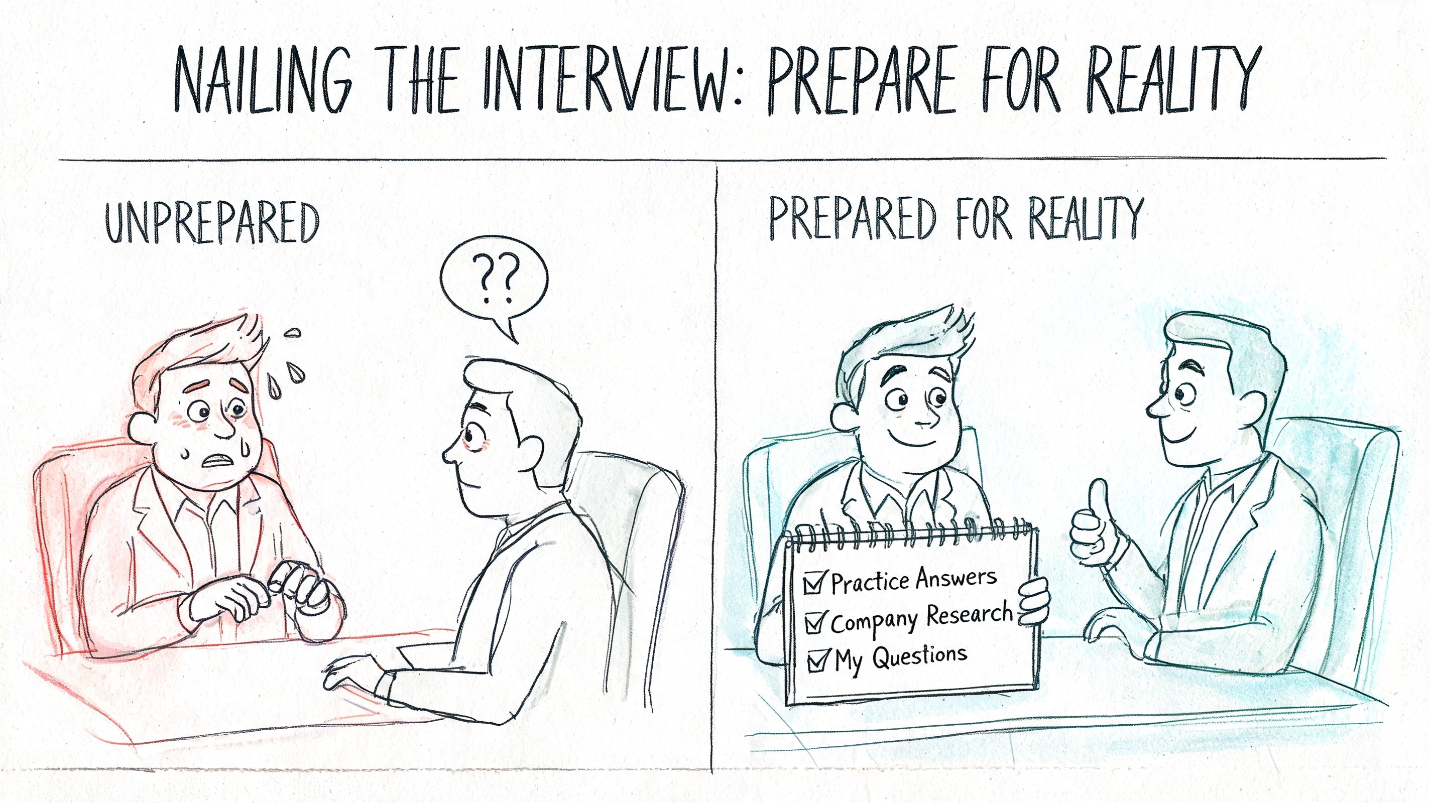 A split image comparing an anxious, unprepared job interviewee to a confident candidate prepared with a checklist.