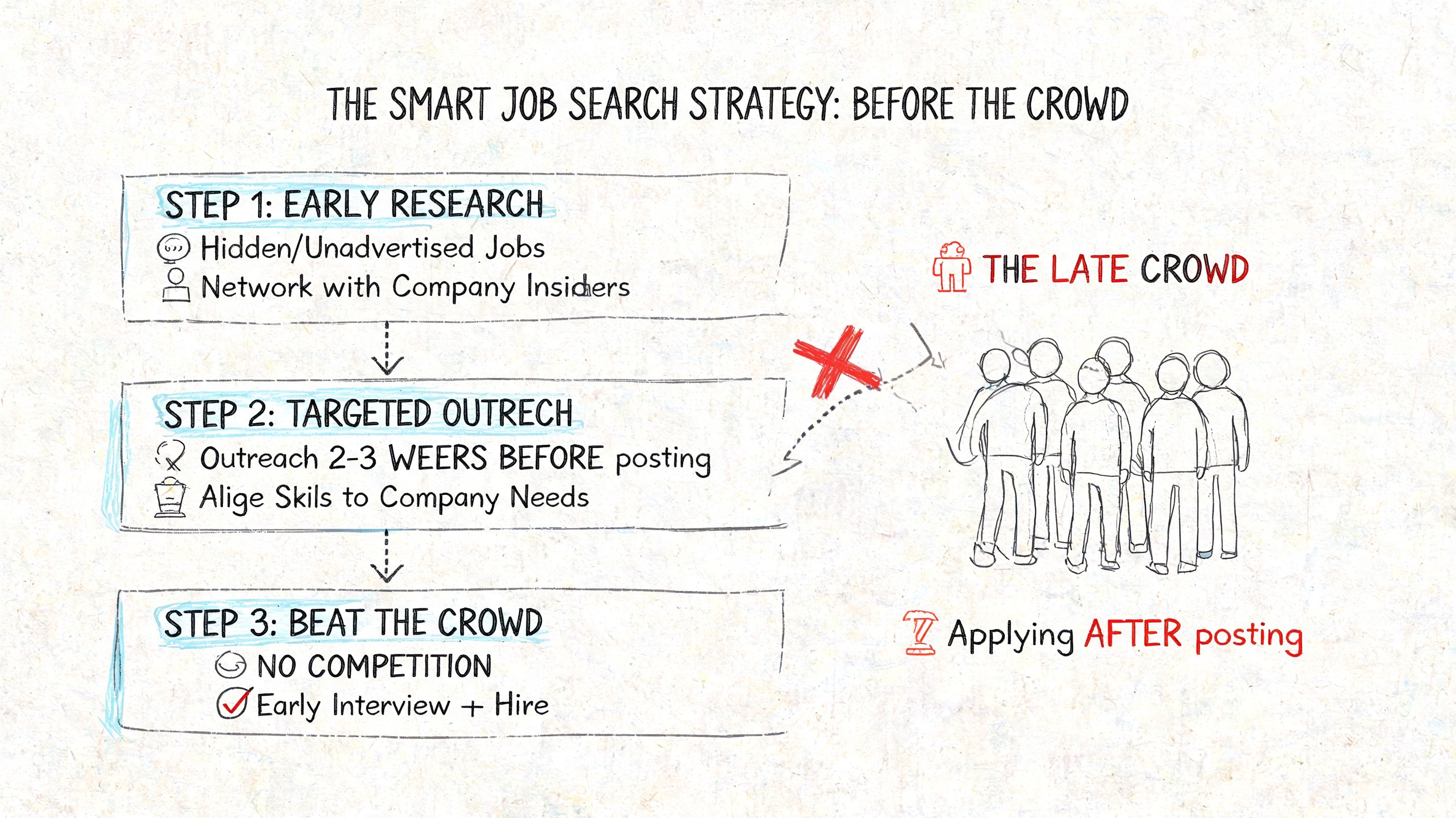 An infographic illustrating a three-step smart job search strategy to beat the competition before job postings.