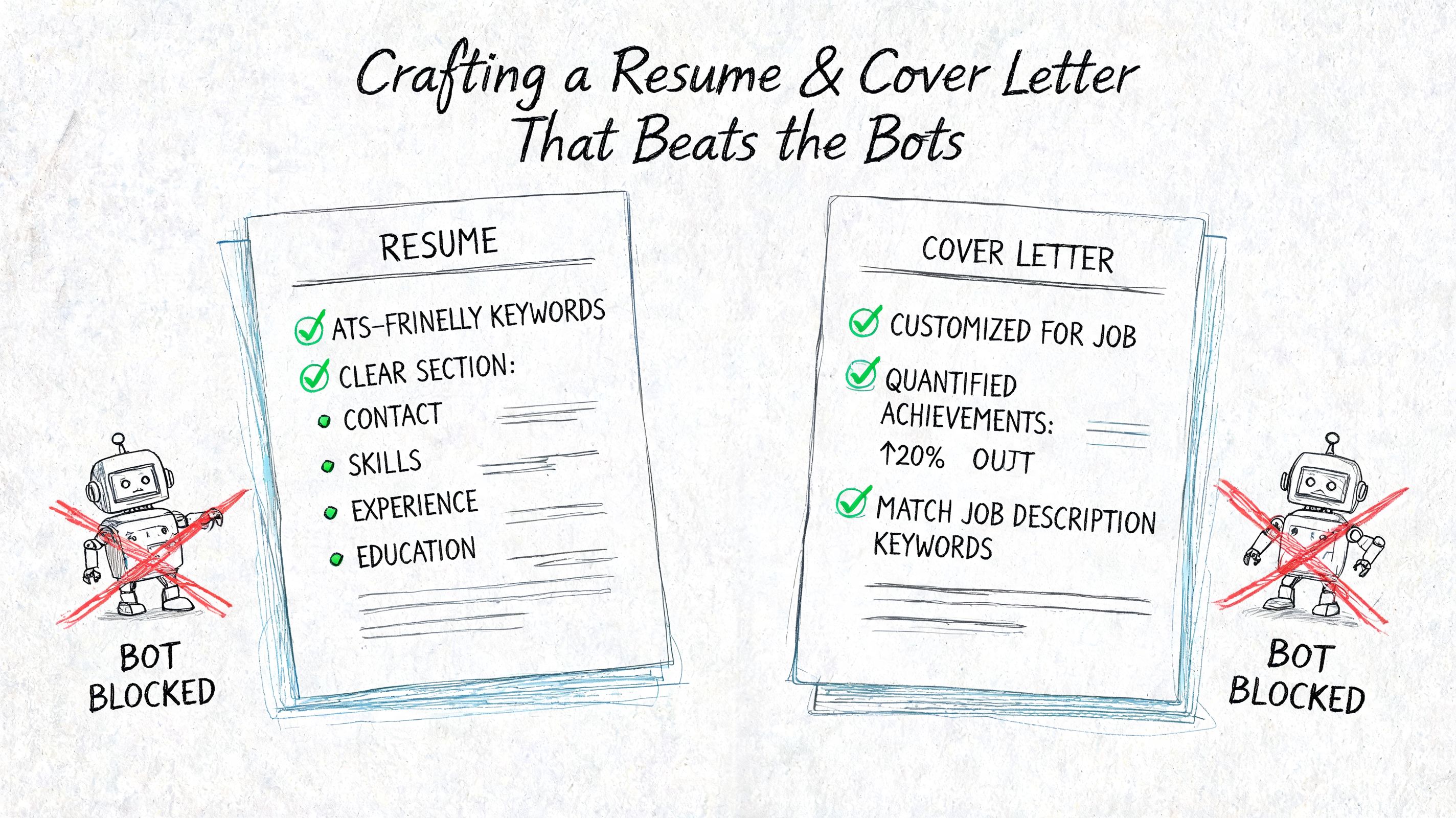 A hand-drawn illustration showing how to optimize resumes and cover letters to bypass ATS bot filters.