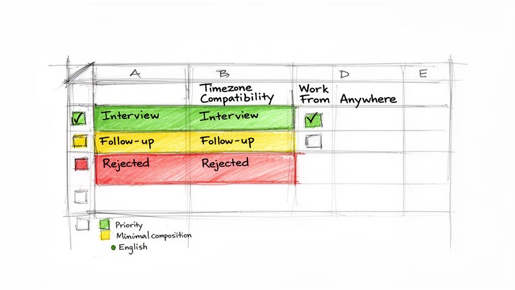 Hand-drawn spreadsheet tracking job application statuses: Interview, Follow-up, Rejected. Includes Timezone and Work From Anywhere.