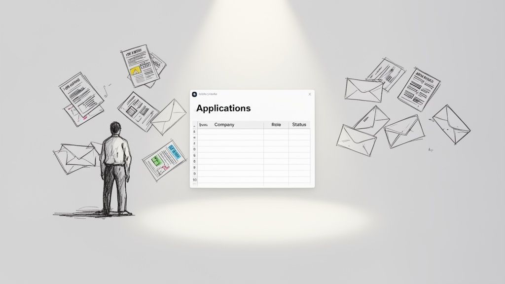 A sketch of a man viewing a digital ‘Applications’ window, surrounded by documents and envelopes.