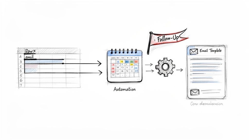Illustration showing an automated email follow-up process from spreadsheet data to a scheduled email template.