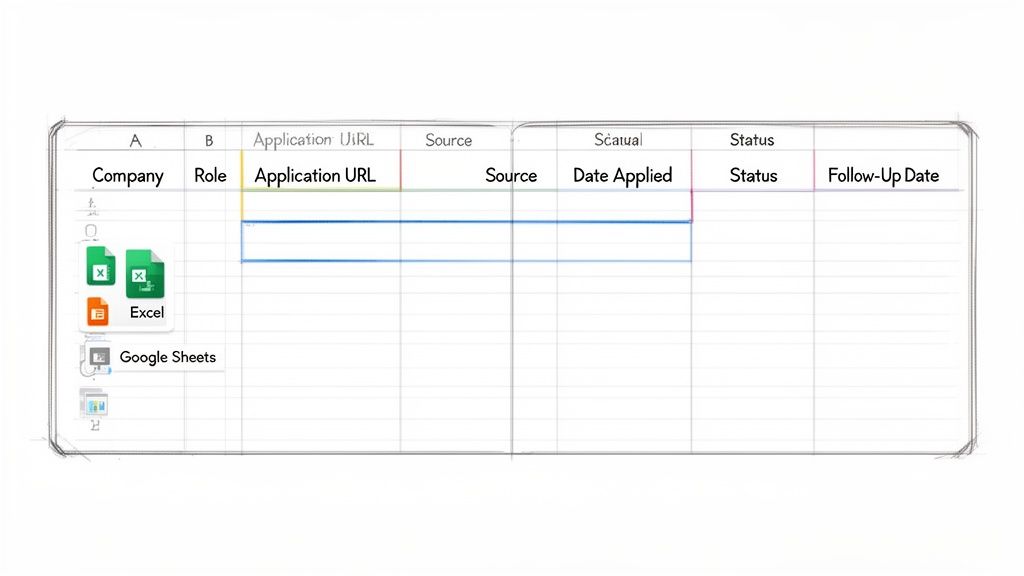 Job application tracking spreadsheet template showing columns for company, role, status, and follow-up date, with Excel and Google Sheets.