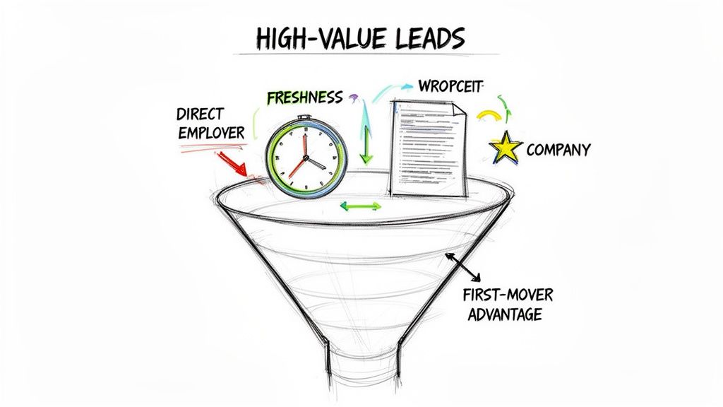 Diagram illustrating a funnel for generating high-value leads, considering direct employer, freshness, and company information for first-mover advantage.