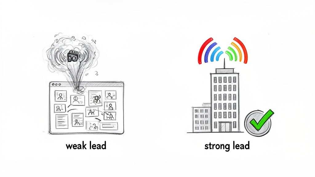 Illustration contrasting a ‘weak lead’ as chaotic data on a screen with a ‘strong lead’ as a building radiating a clear signal and a checkmark.