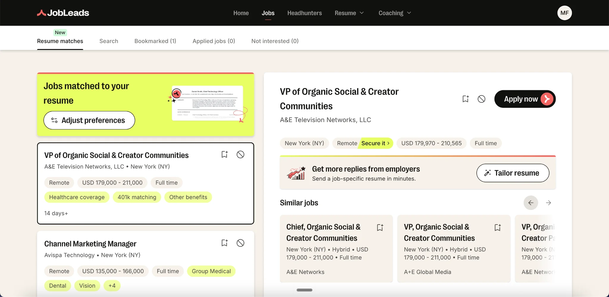JobLeads AI job matching dashboard