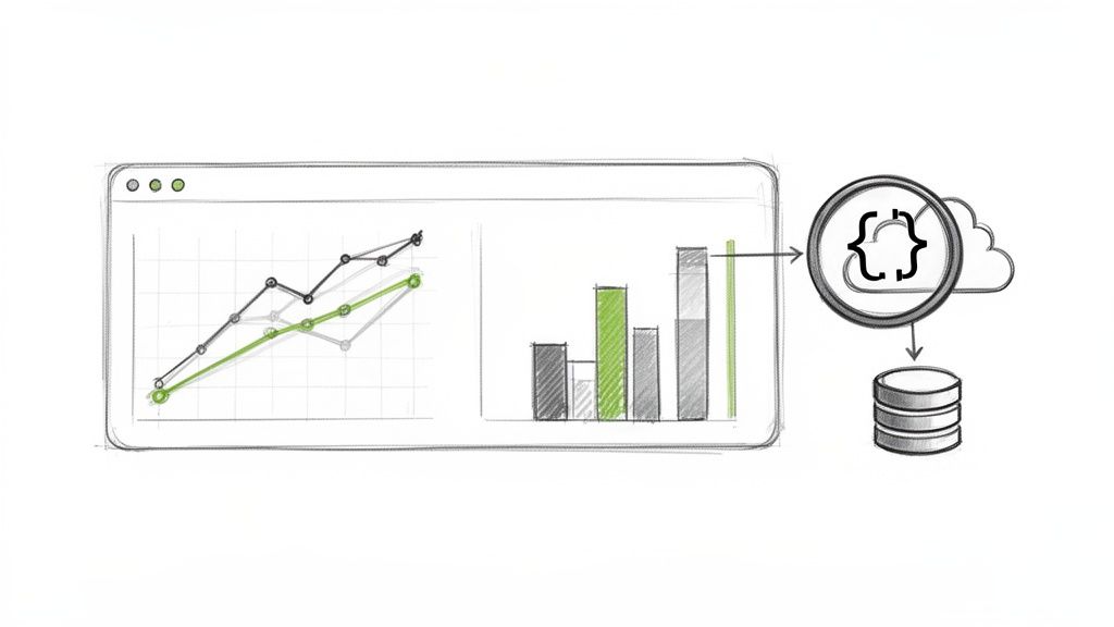 A sketch illustration showing data visualizations connecting to cloud functions and a database.