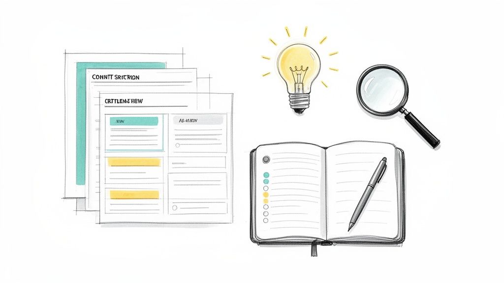 Documents, a glowing lightbulb, magnifying glass, and an open notebook with a pen, symbolizing idea generation and planning.